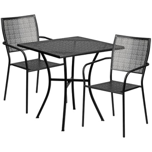 English Elm Oia Commercial Grade Steel Patio Table Set with Two Stylish Square-Back Chairs for Indoor or Outdoor Use Black 28" Square CO-28SQ-02CHR2-BK-GG