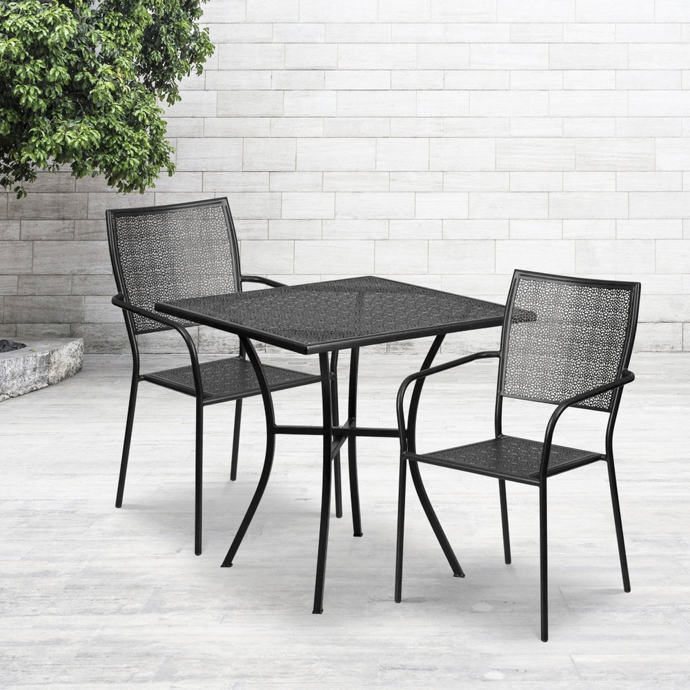 English Elm Oia Commercial Grade Steel Patio Table Set with Two Stylish Square-Back Chairs for Indoor or Outdoor Use Black 28" Square CO-28SQ-02CHR2-BK-GG