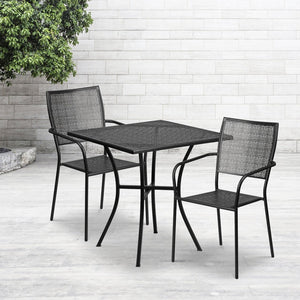 English Elm Oia Commercial Grade Steel Patio Table Set with Two Stylish Square-Back Chairs for Indoor or Outdoor Use Black 28" Square CO-28SQ-02CHR2-BK-GG