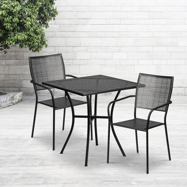 English Elm Oia Commercial Grade Steel Patio Table Set with Two Stylish Square-Back Chairs for Indoor or Outdoor Use Black 28" Square CO-28SQ-02CHR2-BK-GG