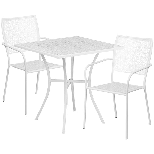 English Elm Oia Commercial Grade Steel Patio Table Set with Two Stylish Square-Back Chairs for Indoor or Outdoor Use White 28" Square CO-28SQ-02CHR2-WH-GG