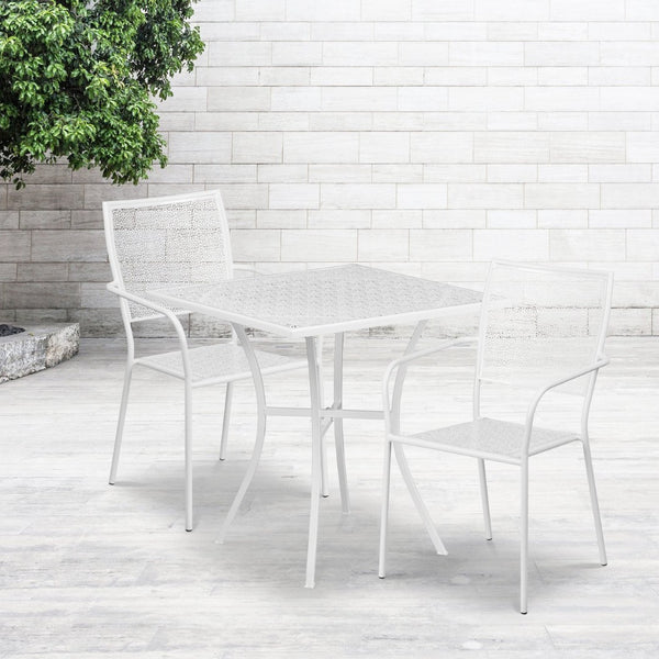 English Elm Oia Commercial Grade Steel Patio Table Set with Two Stylish Square-Back Chairs for Indoor or Outdoor Use White 28" Square CO-28SQ-02CHR2-WH-GG