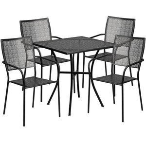 English Elm Oia Commercial Grade Steel Patio Table Set with 4 Stackable Chairs for Stylish Indoor & Outdoor Use Black 28" Square CO-28SQ-02CHR4-BK-GG