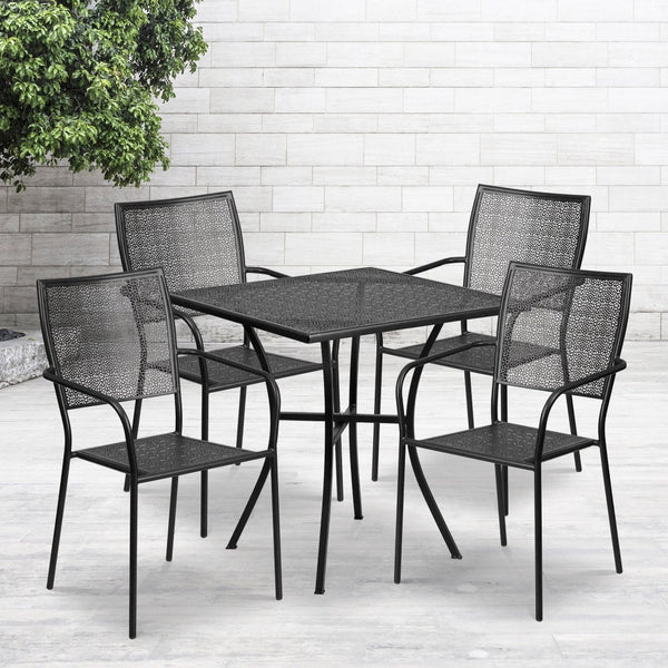 English Elm Oia Commercial Grade Steel Patio Table Set with 4 Stackable Chairs for Stylish Indoor & Outdoor Use Black 28" Square CO-28SQ-02CHR4-BK-GG