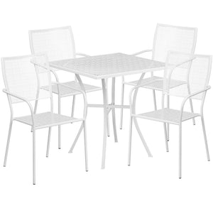 English Elm Oia Commercial Grade Steel Patio Table Set with 4 Stackable Chairs for Stylish Indoor & Outdoor Use White 28" Square CO-28SQ-02CHR4-WH-GG