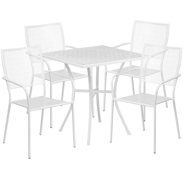 English Elm Oia Commercial Grade Steel Patio Table Set with 4 Stackable Chairs for Stylish Indoor & Outdoor Use White 28" Square CO-28SQ-02CHR4-WH-GG