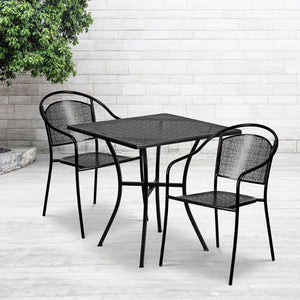English Elm Oia Commercial Grade Steel Patio Table Set with Stacking Round Back Chairs for Indoor and Outdoor Use Black 28" Square CO-28SQ-03CHR2-BK-GG