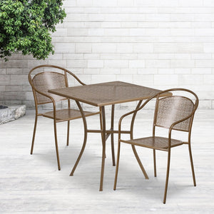 English Elm Oia Commercial Grade Steel Patio Table Set with Stacking Round Back Chairs for Indoor and Outdoor Use Gold 28" Square CO-28SQ-03CHR2-GD-GG