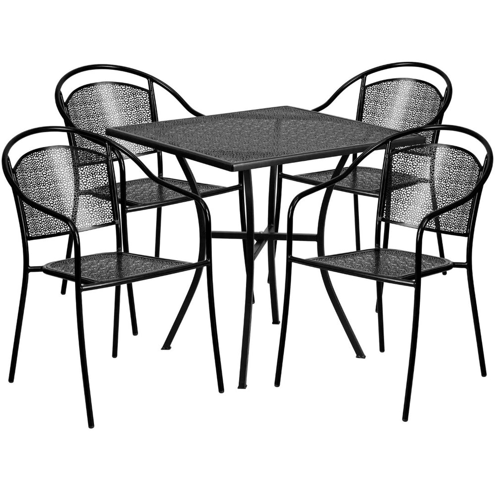 English Elm Oia Commercial Grade Steel Patio Table Set with 4 Stylish Round Back Chairs for Indoor-Outdoor Use Black 28" Square CO-28SQ-03CHR4-BK-GG