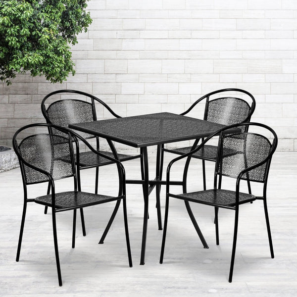 English Elm Oia Commercial Grade Steel Patio Table Set with 4 Stylish Round Back Chairs for Indoor-Outdoor Use Black 28" Square CO-28SQ-03CHR4-BK-GG
