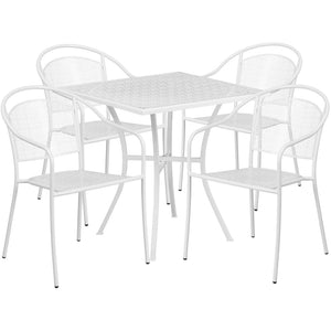 English Elm Oia Commercial Grade Steel Patio Table Set with 4 Stylish Round Back Chairs for Indoor-Outdoor Use White 28" Square CO-28SQ-03CHR4-WH-GG