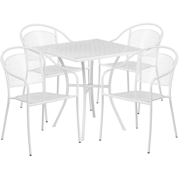 English Elm Oia Commercial Grade Steel Patio Table Set with 4 Stylish Round Back Chairs for Indoor-Outdoor Use White 28" Square CO-28SQ-03CHR4-WH-GG