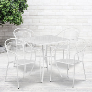 English Elm Oia Commercial Grade Steel Patio Table Set with 4 Stylish Round Back Chairs for Indoor-Outdoor Use White 28" Square CO-28SQ-03CHR4-WH-GG