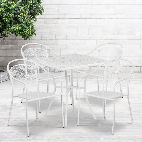 English Elm Oia Commercial Grade Steel Patio Table Set with 4 Stylish Round Back Chairs for Indoor-Outdoor Use White 28" Square CO-28SQ-03CHR4-WH-GG