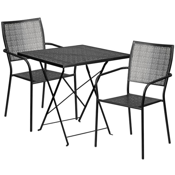 English Elm Oia Commercial-Grade Steel Folding Patio Table Set with 2 Space-Saving Chairs for Indoor-Outdoor Use Black 28" Square CO-28SQF-02CHR2-BK-GG