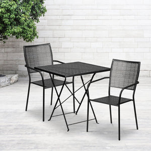 English Elm Oia Commercial-Grade Steel Folding Patio Table Set with 2 Space-Saving Chairs for Indoor-Outdoor Use Black 28" Square CO-28SQF-02CHR2-BK-GG