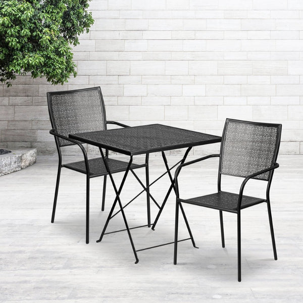 English Elm Oia Commercial-Grade Steel Folding Patio Table Set with 2 Space-Saving Chairs for Indoor-Outdoor Use Black 28" Square CO-28SQF-02CHR2-BK-GG