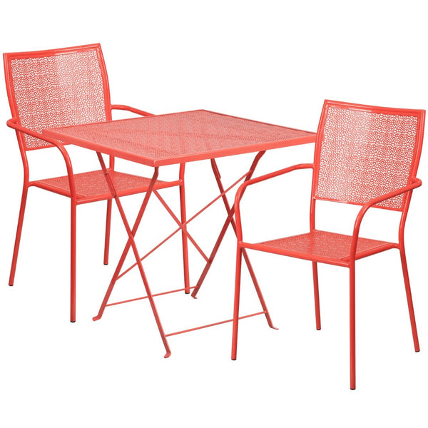 English Elm Oia Commercial-Grade Steel Folding Patio Table Set with 2 Space-Saving Chairs for Indoor-Outdoor Use Coral 28" Square CO-28SQF-02CHR2-RED-GG