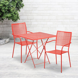 English Elm Oia Commercial-Grade Steel Folding Patio Table Set with 2 Space-Saving Chairs for Indoor-Outdoor Use Coral 28" Square CO-28SQF-02CHR2-RED-GG