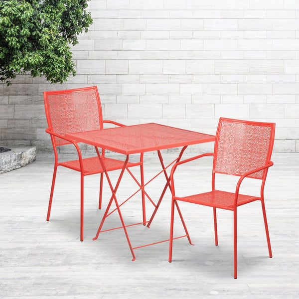 English Elm Oia Commercial-Grade Steel Folding Patio Table Set with 2 Space-Saving Chairs for Indoor-Outdoor Use Coral 28" Square CO-28SQF-02CHR2-RED-GG