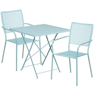 English Elm Oia Commercial-Grade Steel Folding Patio Table Set with 2 Space-Saving Chairs for Indoor-Outdoor Use Sky Blue 28" Square CO-28SQF-02CHR2-SKY-GG