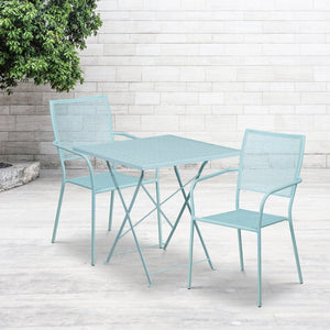 English Elm Oia Commercial-Grade Steel Folding Patio Table Set with 2 Space-Saving Chairs for Indoor-Outdoor Use Sky Blue 28" Square CO-28SQF-02CHR2-SKY-GG