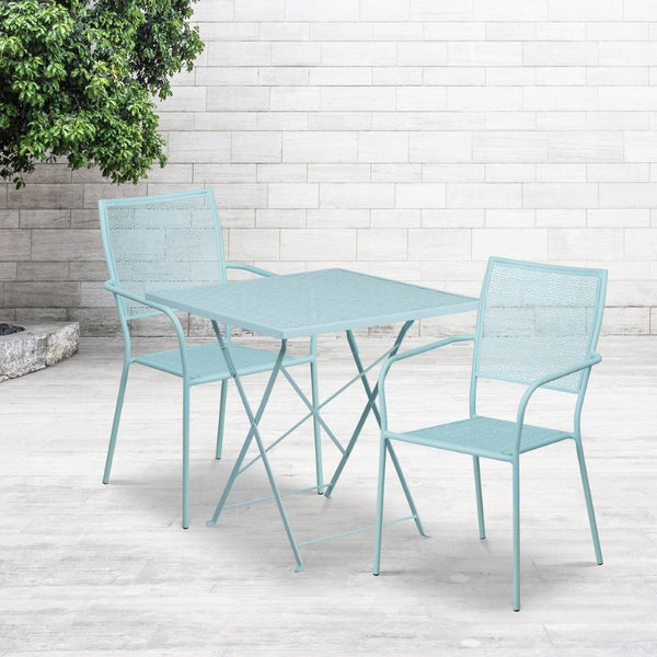 English Elm Oia Commercial-Grade Steel Folding Patio Table Set with 2 Space-Saving Chairs for Indoor-Outdoor Use Sky Blue 28" Square CO-28SQF-02CHR2-SKY-GG