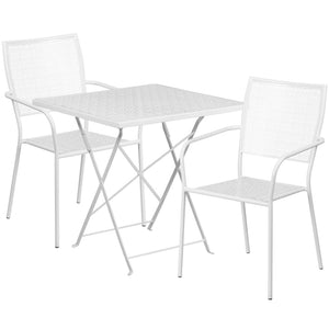 English Elm Oia Commercial-Grade Steel Folding Patio Table Set with 2 Space-Saving Chairs for Indoor-Outdoor Use White 28" Square CO-28SQF-02CHR2-WH-GG