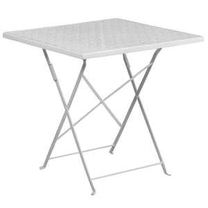 English Elm Oia Commercial-Grade Steel Folding Patio Table Set with 2 Space-Saving Chairs for Indoor-Outdoor Use White 28" Square CO-28SQF-02CHR2-WH-GG