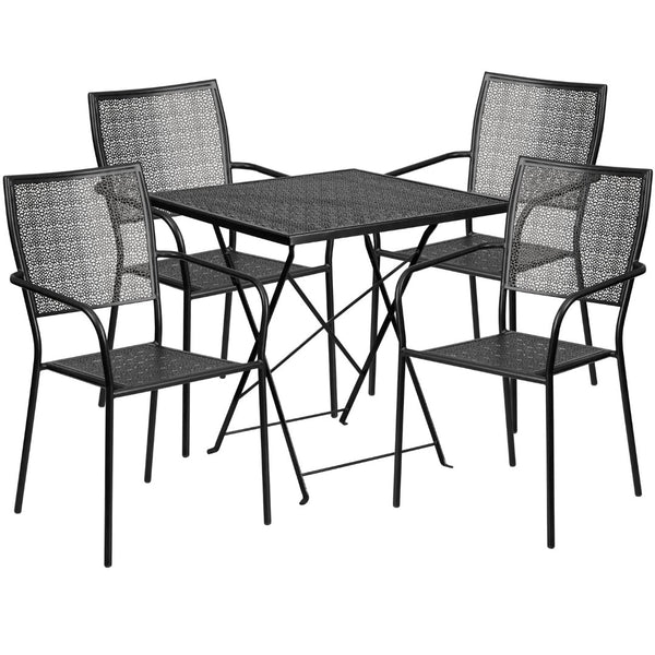 English Elm Oia Commercial-Grade Steel Folding Patio Table Set with 4 Stylish Chairs for Indoor or Outdoor Use Black 28" Square CO-28SQF-02CHR4-BK-GG