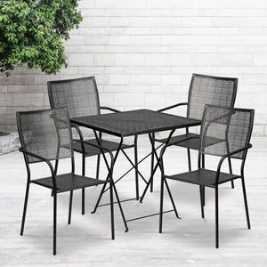English Elm Oia Commercial-Grade Steel Folding Patio Table Set with 4 Stylish Chairs for Indoor or Outdoor Use Black 28" Square CO-28SQF-02CHR4-BK-GG