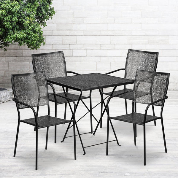 English Elm Oia Commercial-Grade Steel Folding Patio Table Set with 4 Stylish Chairs for Indoor or Outdoor Use Black 28" Square CO-28SQF-02CHR4-BK-GG