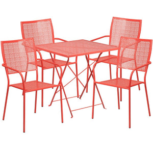 English Elm Oia Commercial-Grade Steel Folding Patio Table Set with 4 Stylish Chairs for Indoor or Outdoor Use Coral 28" Square CO-28SQF-02CHR4-RED-GG