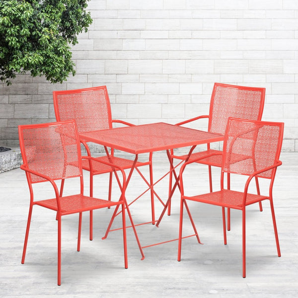English Elm Oia Commercial-Grade Steel Folding Patio Table Set with 4 Stylish Chairs for Indoor or Outdoor Use Coral 28" Square CO-28SQF-02CHR4-RED-GG