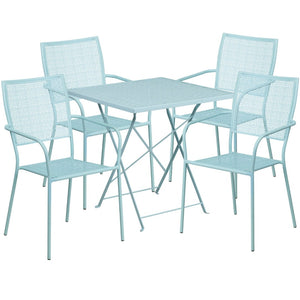 English Elm Oia Commercial-Grade Steel Folding Patio Table Set with 4 Stylish Chairs for Indoor or Outdoor Use Sky Blue 28" Square CO-28SQF-02CHR4-SKY-GG