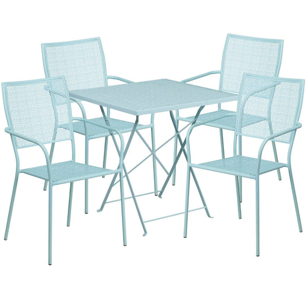 English Elm Oia Commercial-Grade Steel Folding Patio Table Set with 4 Stylish Chairs for Indoor or Outdoor Use Sky Blue 28" Square CO-28SQF-02CHR4-SKY-GG