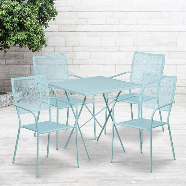 English Elm Oia Commercial-Grade Steel Folding Patio Table Set with 4 Stylish Chairs for Indoor or Outdoor Use Sky Blue 28" Square CO-28SQF-02CHR4-SKY-GG