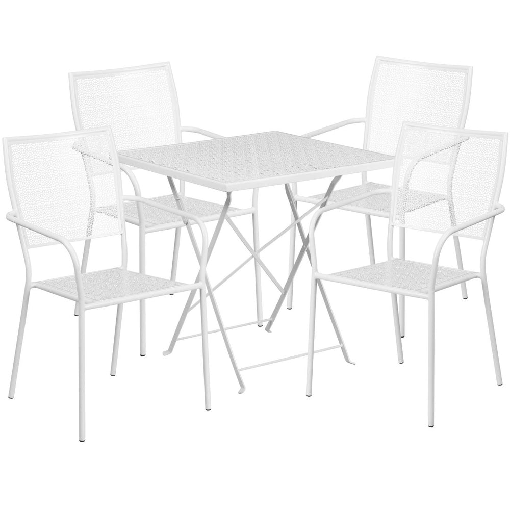 English Elm Oia Commercial-Grade Steel Folding Patio Table Set with 4 Stylish Chairs for Indoor or Outdoor Use White 28" Square CO-28SQF-02CHR4-WH-GG