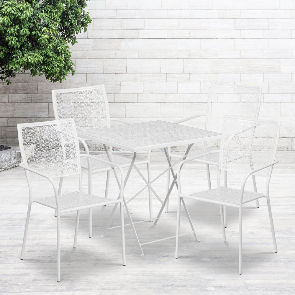 English Elm Oia Commercial-Grade Steel Folding Patio Table Set with 4 Stylish Chairs for Indoor or Outdoor Use White 28" Square CO-28SQF-02CHR4-WH-GG