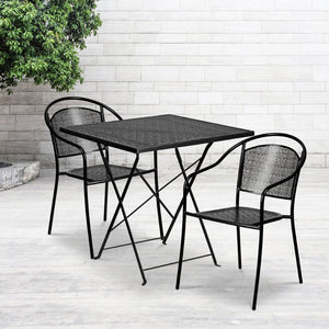 English Elm Oia Commercial-Grade Indoor-Outdoor Folding Bistro Table Set with 2 Stackable Round-Back Chairs Black 28" Square CO-28SQF-03CHR2-BK-GG