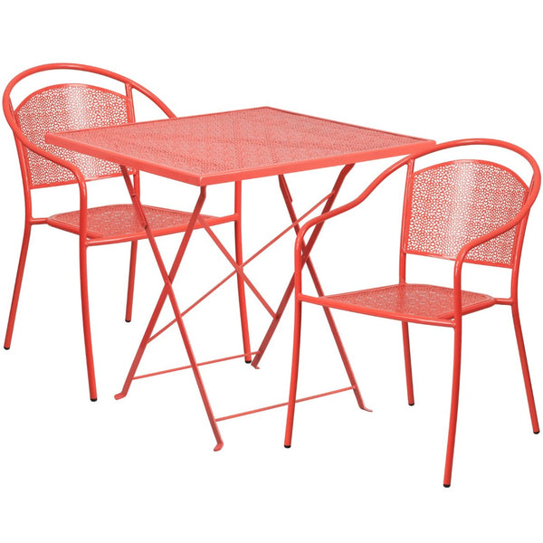 English Elm Oia Commercial-Grade Indoor-Outdoor Folding Bistro Table Set with 2 Stackable Round-Back Chairs Coral 28" Square CO-28SQF-03CHR2-RED-GG