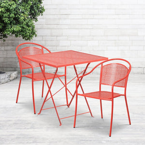 English Elm Oia Commercial-Grade Indoor-Outdoor Folding Bistro Table Set with 2 Stackable Round-Back Chairs Coral 28" Square CO-28SQF-03CHR2-RED-GG