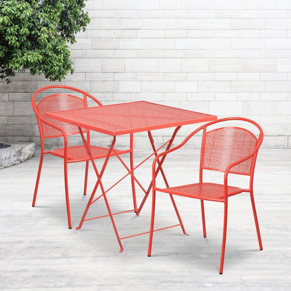English Elm Oia Commercial-Grade Indoor-Outdoor Folding Bistro Table Set with 2 Stackable Round-Back Chairs Coral 28" Square CO-28SQF-03CHR2-RED-GG