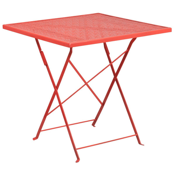 English Elm Oia Commercial-Grade Indoor-Outdoor Folding Bistro Table Set with 2 Stackable Round-Back Chairs Coral 28" Square CO-28SQF-03CHR2-RED-GG