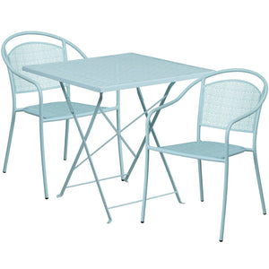 English Elm Oia Commercial-Grade Indoor-Outdoor Folding Bistro Table Set with 2 Stackable Round-Back Chairs Sky Blue 28" Square CO-28SQF-03CHR2-SKY-GG
