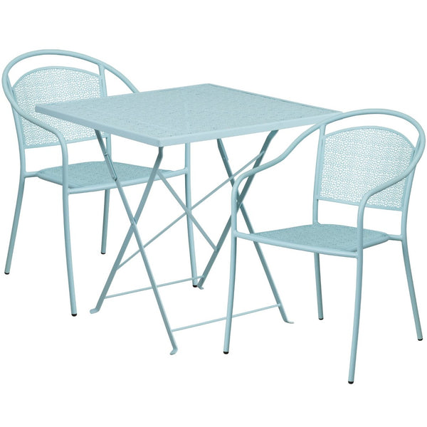 English Elm Oia Commercial-Grade Indoor-Outdoor Folding Bistro Table Set with 2 Stackable Round-Back Chairs Sky Blue 28" Square CO-28SQF-03CHR2-SKY-GG