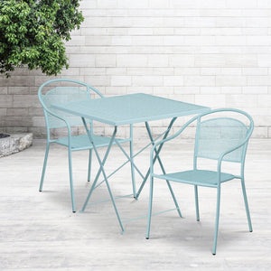 English Elm Oia Commercial-Grade Indoor-Outdoor Folding Bistro Table Set with 2 Stackable Round-Back Chairs Sky Blue 28" Square CO-28SQF-03CHR2-SKY-GG