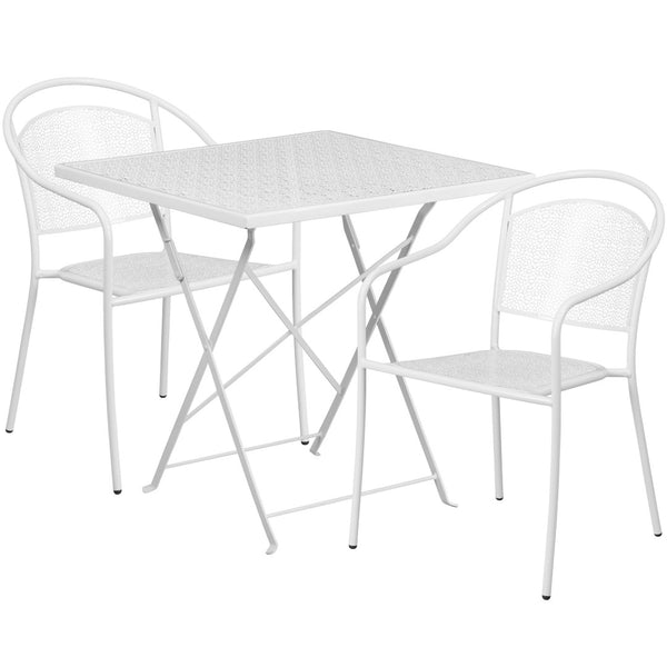 English Elm Oia Commercial-Grade Indoor-Outdoor Folding Bistro Table Set with 2 Stackable Round-Back Chairs White 28" Square CO-28SQF-03CHR2-WH-GG