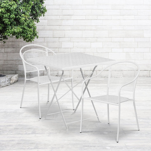 English Elm Oia Commercial-Grade Indoor-Outdoor Folding Bistro Table Set with 2 Stackable Round-Back Chairs White 28" Square CO-28SQF-03CHR2-WH-GG