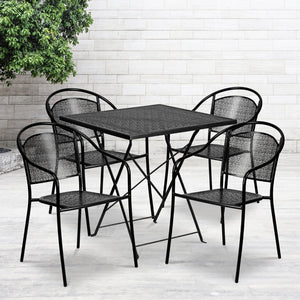 English Elm Oia Commercial-Grade Indoor-Outdoor Steel Folding Patio Table Set with Stackable Chairs for Dining Black 28" Square CO-28SQF-03CHR4-BK-GG